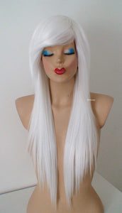 28" White Long Straight Layered Hair Long Side Bangs Wig. Scene Wig. Emo Wig.