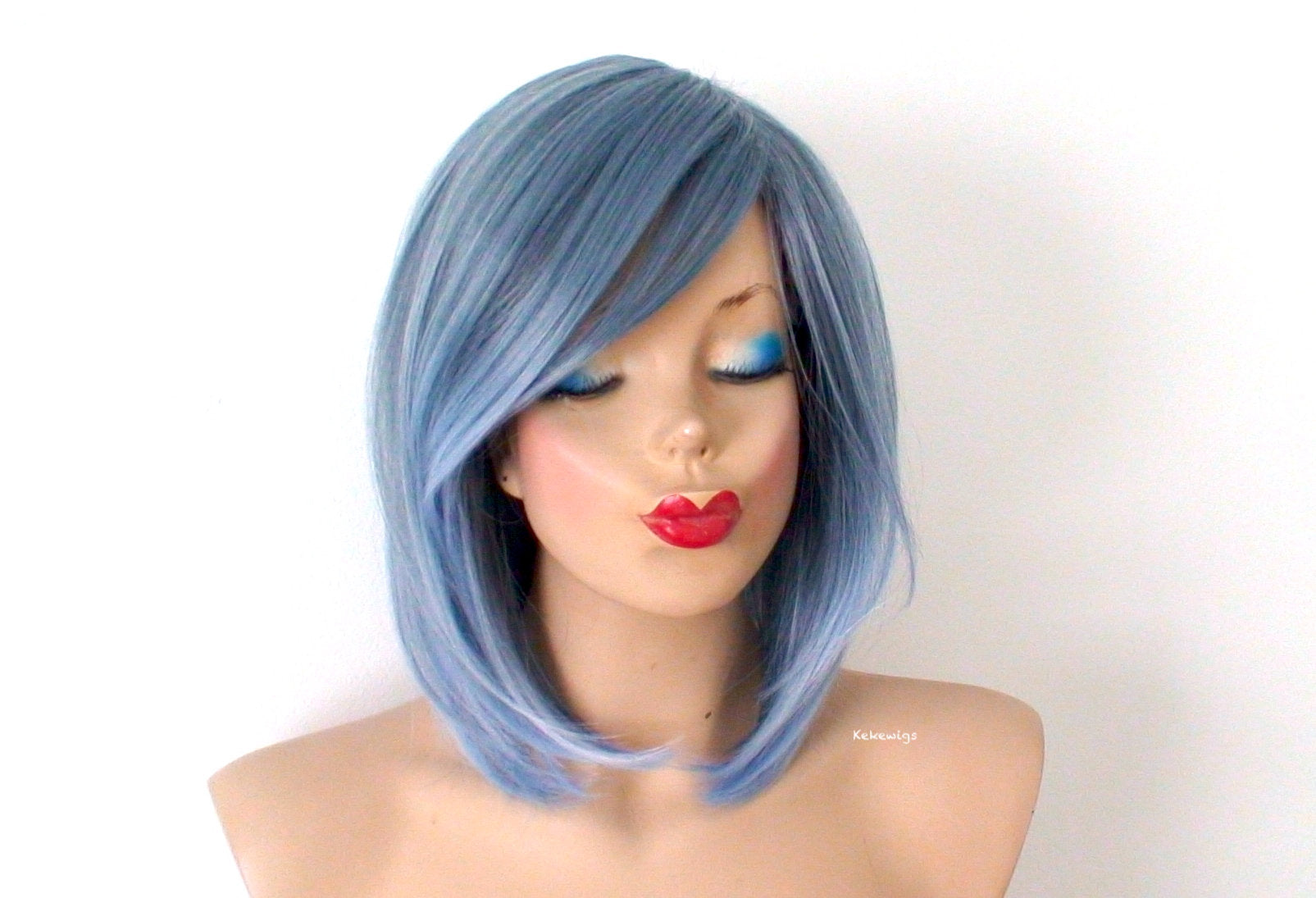 16" Pastel Blue Ombre Short Straight Hair with Side Bangs Wig