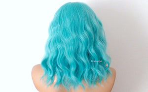 16" Lace Front Lace Part Pastel Turquoise Short Wavy Hairstyle Wig