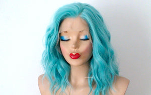 16" Lace Front Lace Part Pastel Turquoise Short Wavy Hairstyle Wig