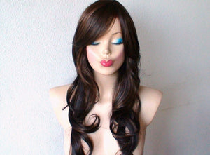 26" Dark Brunette Long wavy Hair Long Side Bangs Wig