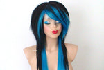 Load image into Gallery viewer, 28&quot; Black Turquoise Ombre Long Straight Hair Long Side Bangs Wig. Emo Wig. Scene Wig.
