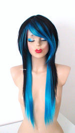 Load image into Gallery viewer, 28&quot; Black Turquoise Ombre Long Straight Hair Long Side Bangs Wig. Emo Wig. Scene Wig.
