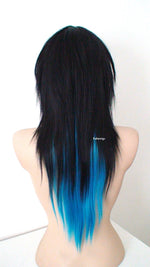 Load image into Gallery viewer, 28&quot; Black Turquoise Ombre Long Straight Hair Long Side Bangs Wig. Emo Wig. Scene Wig.
