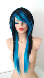 Load image into Gallery viewer, 28&quot; Black Turquoise Ombre Long Straight Hair Long Side Bangs Wig. Emo Wig. Scene Wig.
