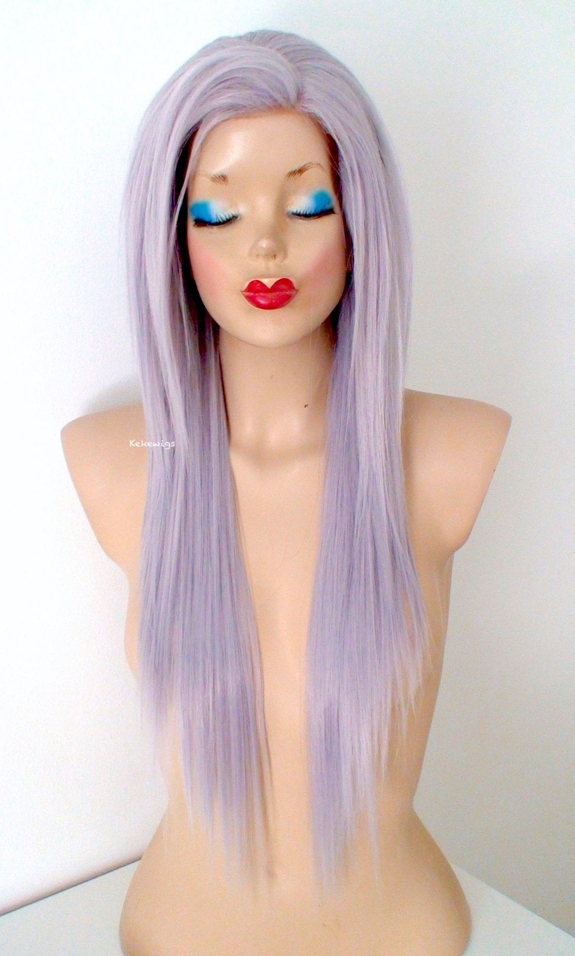 28" Lace Front Pastel Lavender Gray Long Straight Layered Hair  Side Bangs Wig