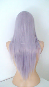 28" Lace Front Pastel Lavender Gray Long Straight Layered Hair  Side Bangs Wig