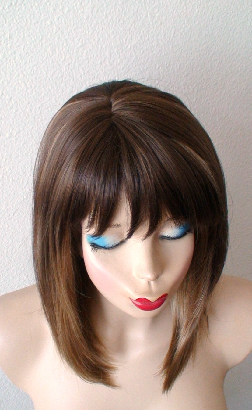 16" Brown Ombre Short Straight Hair with Bangs Wig