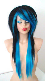 Load image into Gallery viewer, 28&quot; Black Turquoise Ombre Long Straight Hair Long Side Bangs Wig. Emo Wig. Scene Wig.
