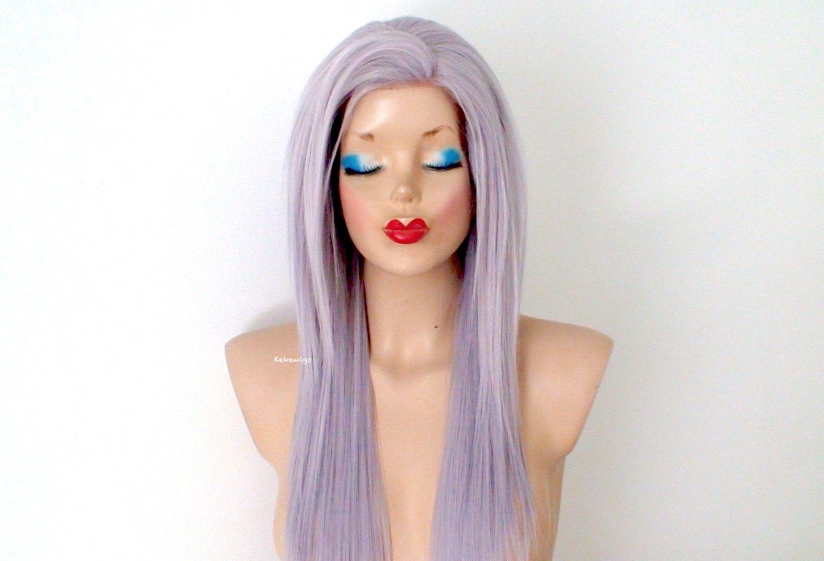 28" Lace Front Pastel Lavender Gray Long Straight Layered Hair  Side Bangs Wig