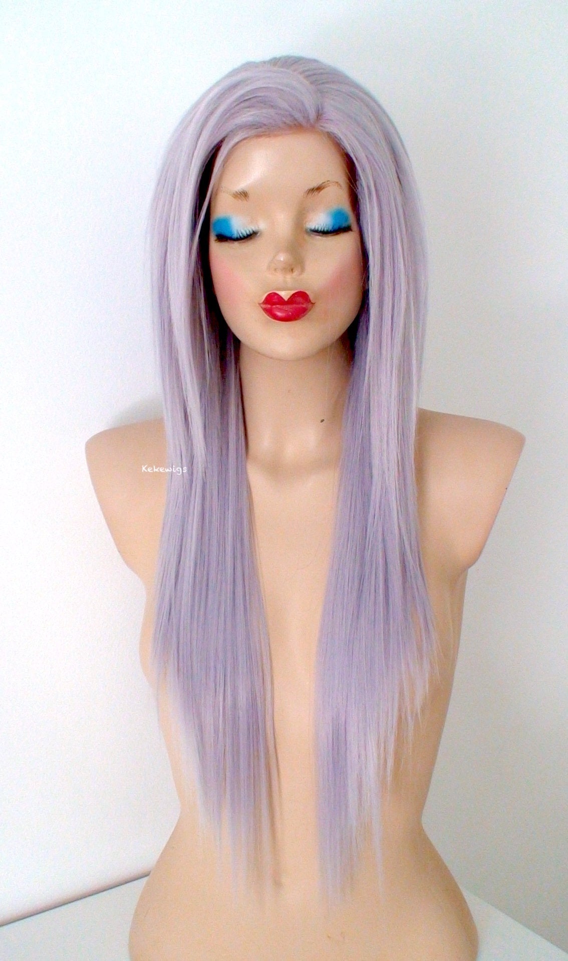 28" Lace Front Pastel Lavender Gray Long Straight Layered Hair  Side Bangs Wig