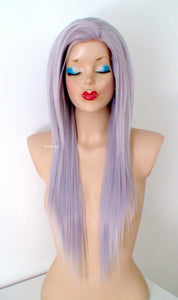 28" Lace Front Pastel Lavender Gray Long Straight Layered Hair  Side Bangs Wig