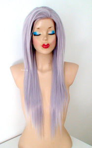 28" Lace Front Pastel Lavender Gray Long Straight Layered Hair  Side Bangs Wig