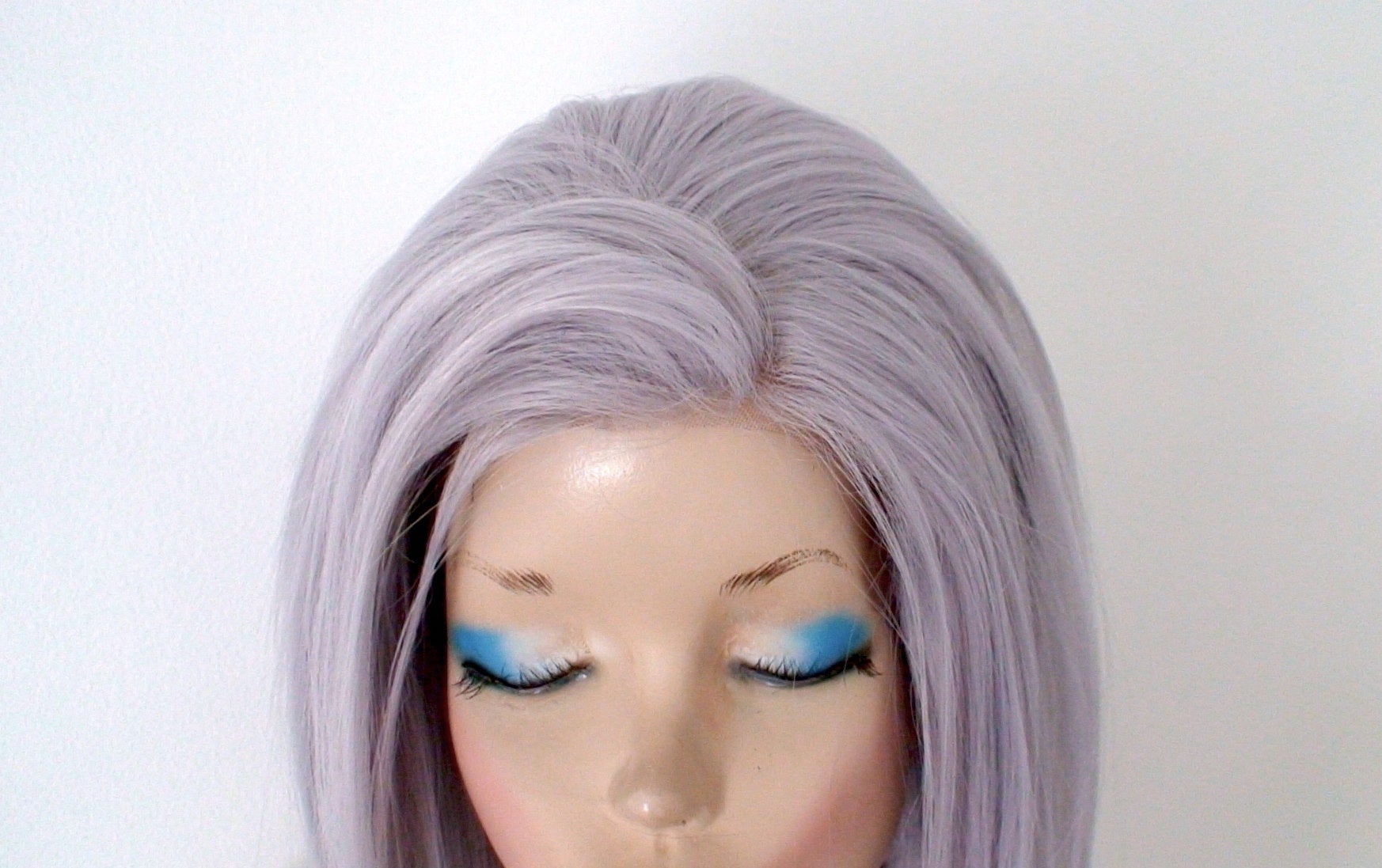 28" Lace Front Pastel Lavender Gray Long Straight Layered Hair  Side Bangs Wig