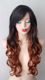 Load image into Gallery viewer, 26&quot; Chocolate Brown Auburn Ombre Long Curly Hair Long Side Bangs Wig
