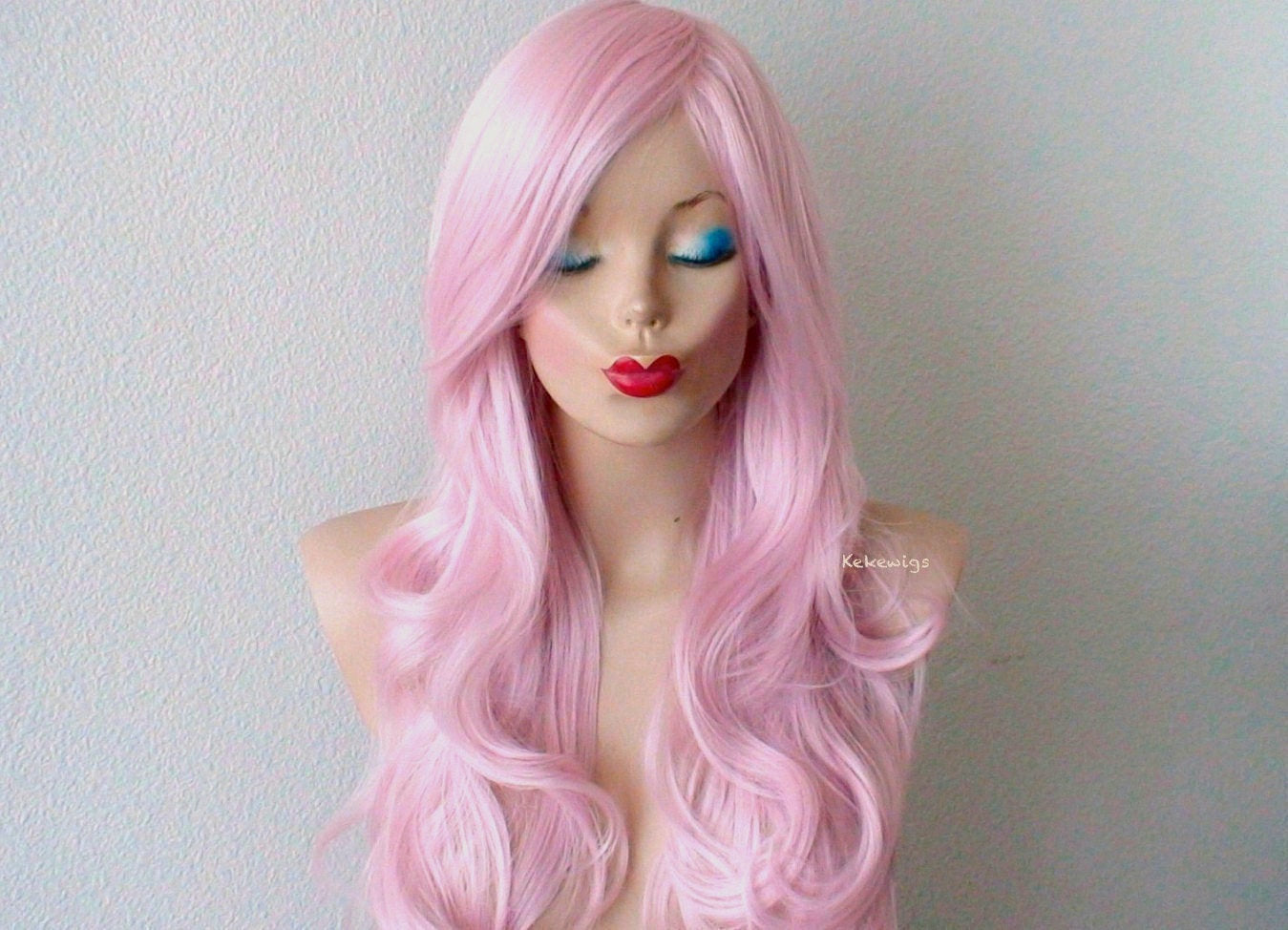 26" Pastel Pink Long Curly Hair Long Side Bangs Wig