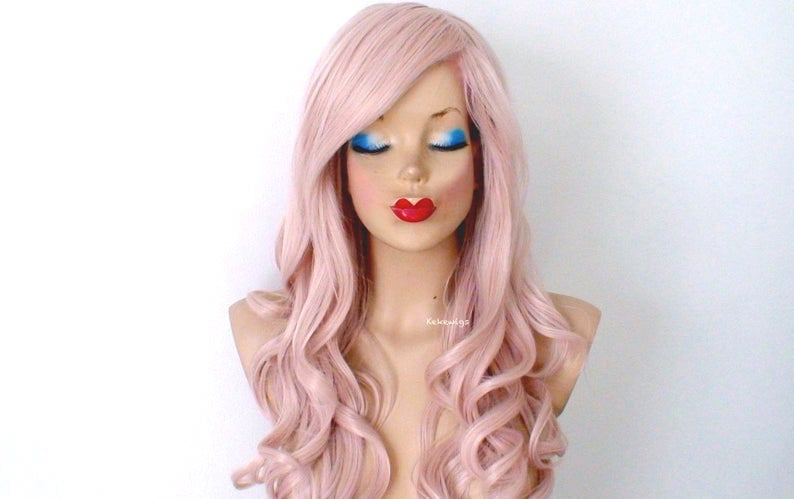 26" Antique Pink Long Curly Hair Side Bangs Wig