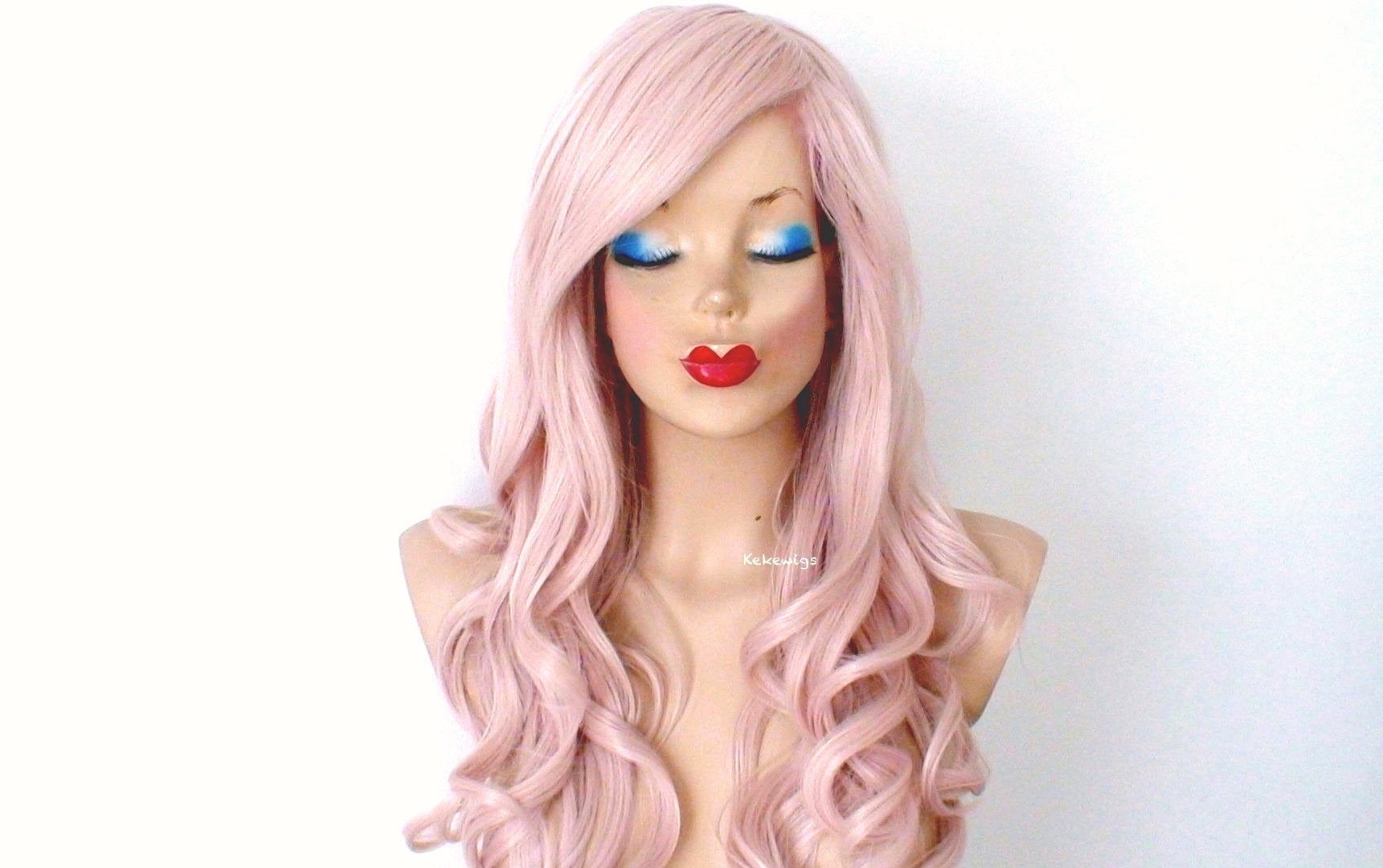 26" Lace Front Antique Pink Long Curly Hair Side Bangs Wig