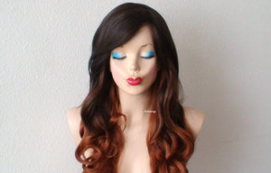 26" Chocolate Brown Auburn Ombre Long Curly Hair Long Side Bangs Wig