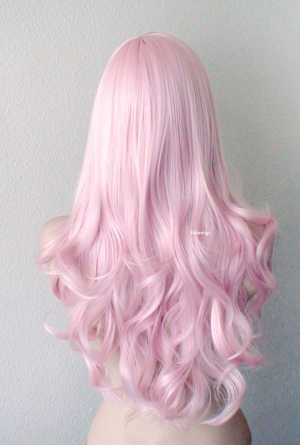 26" Pastel Pink Long Curly Hair Long Side Bangs Wig