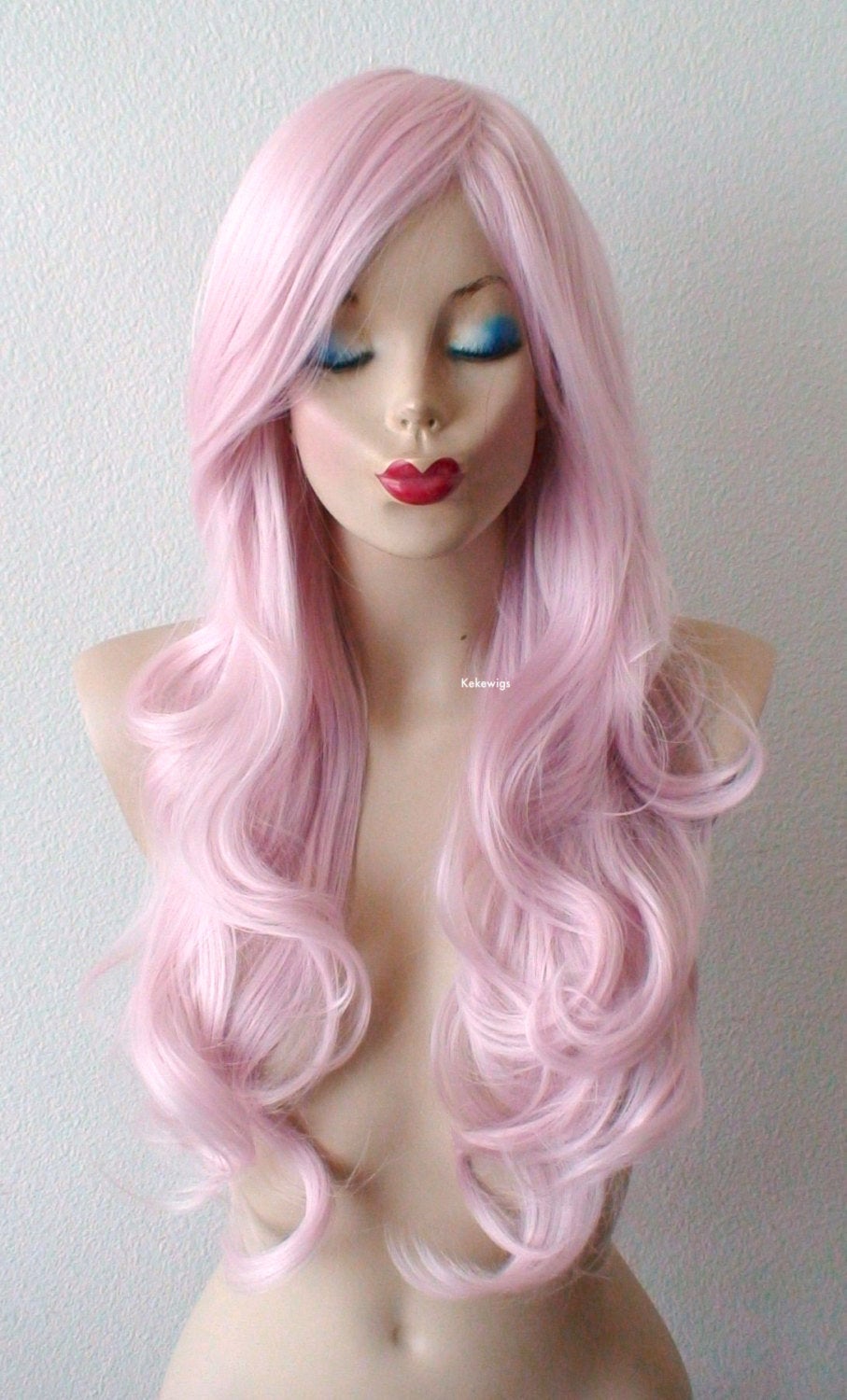 26" Pastel Pink Long Curly Hair Long Side Bangs Wig