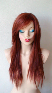 26" Bright Auburn Long straight Layered Hair long Side Bangs Wig