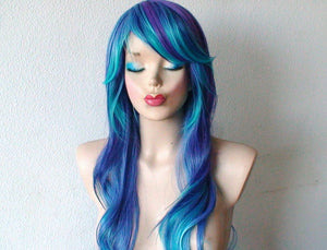 28" Teal Blue Purple Ombre Long Curly Hair with Side Bangs Wig