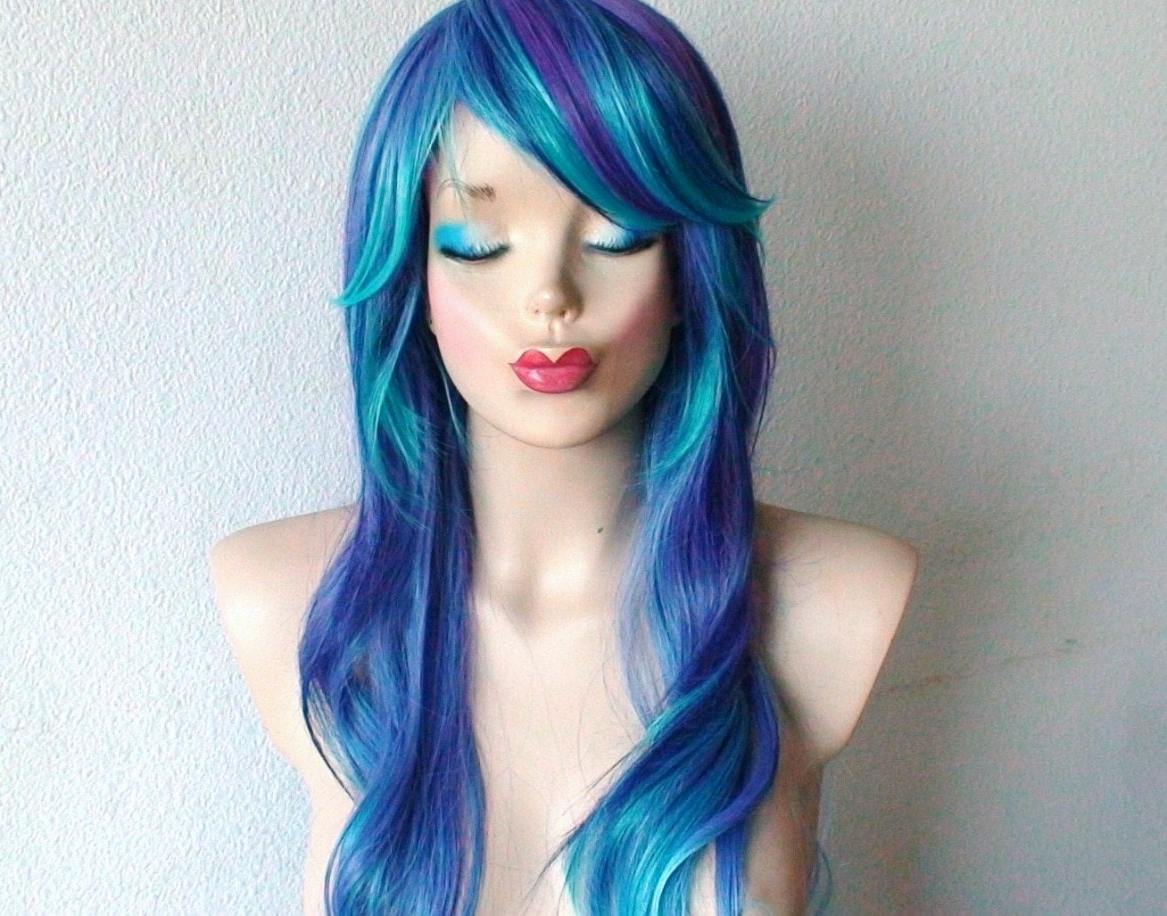 28" Teal Blue Purple Ombre Long Curly Hair with Side Bangs Wig