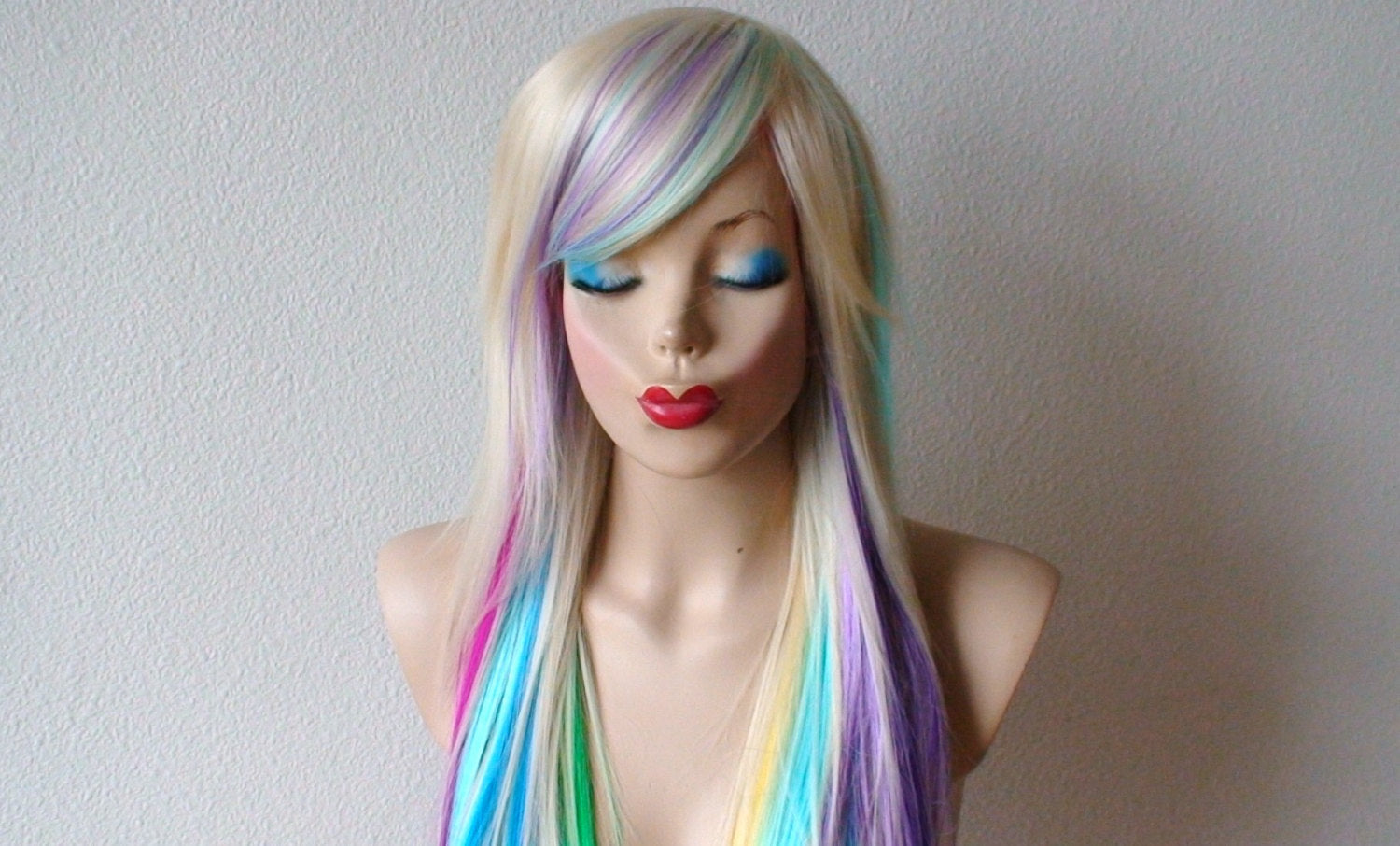 28" Pastel Rainbow Long Straight Layered Hair Long Side Bangs Wig