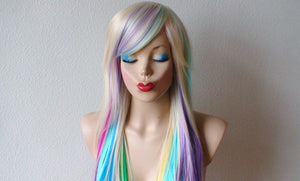 28" Pastel Rainbow Long Straight Layered Hair Long Side Bangs Wig