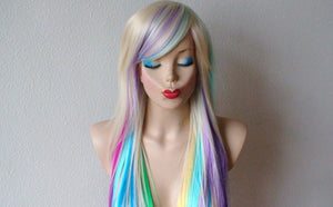 28" Pastel Rainbow Long Straight Layered Hair Long Side Bangs Wig