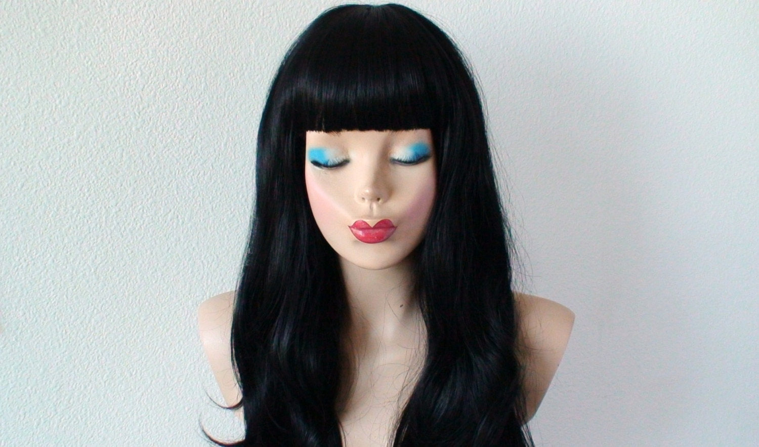 24" Black Long Wavy Hair with Bangs Wig