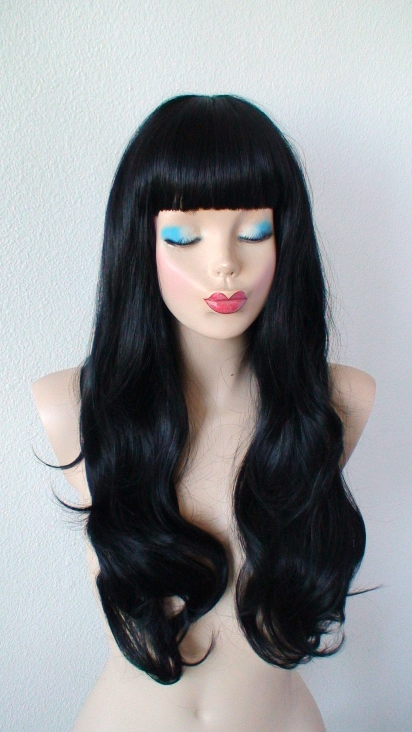 24" Black Long Wavy Hair with Bangs Wig