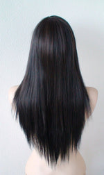 Load image into Gallery viewer, 28&quot; Chocolate Brown with Auburn Highlight Long Straight Hair Long Side Bangs Wig.
