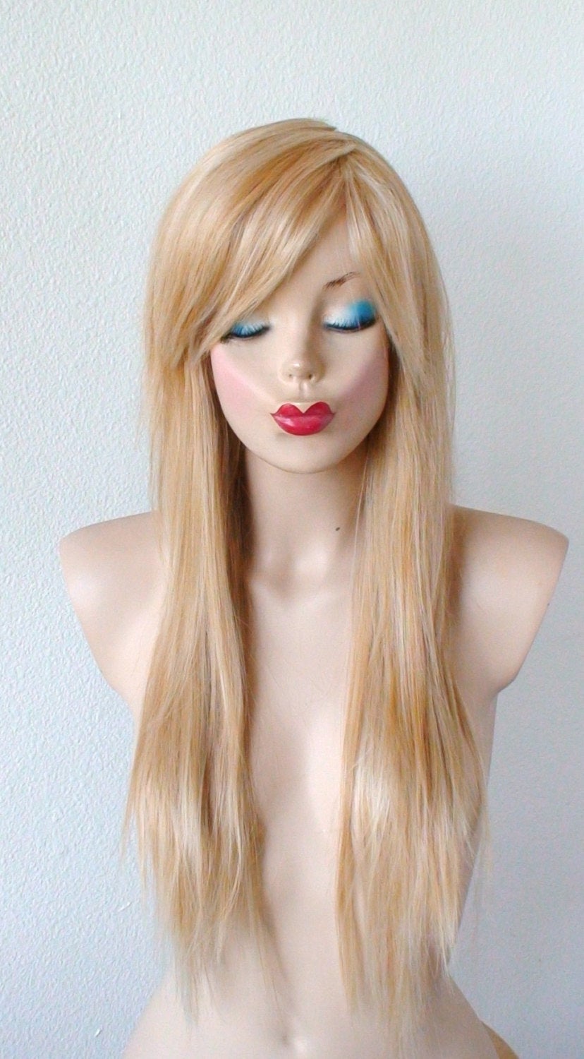 28" Blonde  Long Straight Layered Hair with Side Bangs Wig