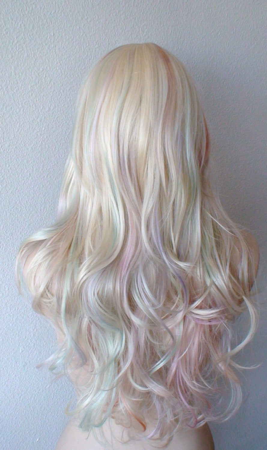 24" Hand-Dyed Pastel Rainbow colored Long Curly Hair with Bangs Wig