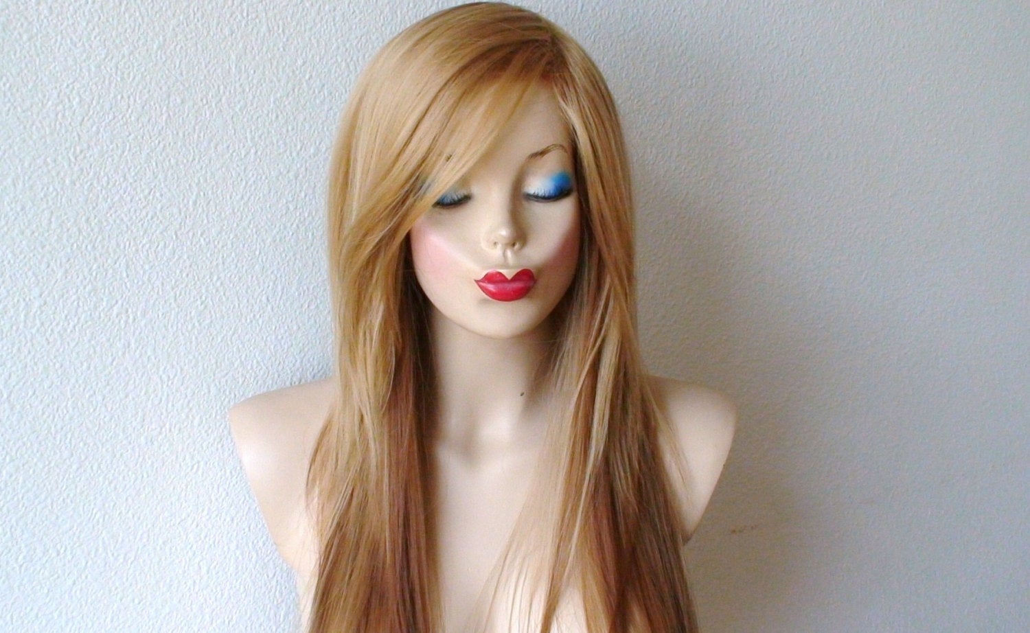 28" Strawberry Blonde Long Straight Hair Long Side Bangs Wig