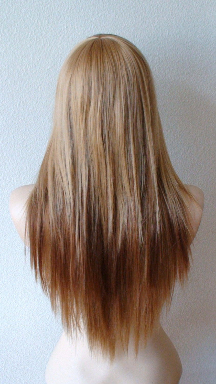 28" Strawberry Blonde Long Straight Hair Long Side Bangs Wig