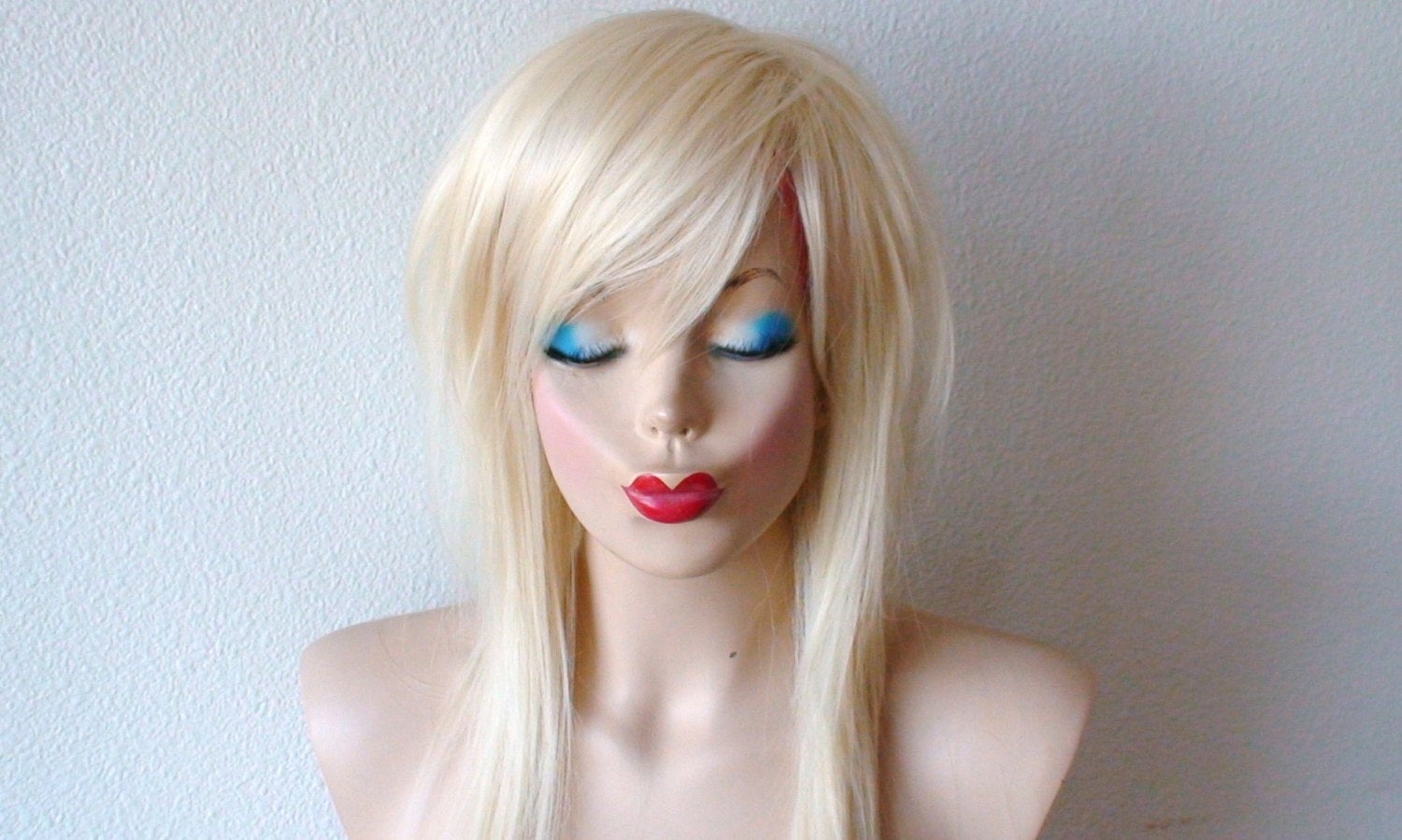 28" Blonde Long Straight Layered Hair with Long Side Bangs Wig. Scene wig. Emo wig.