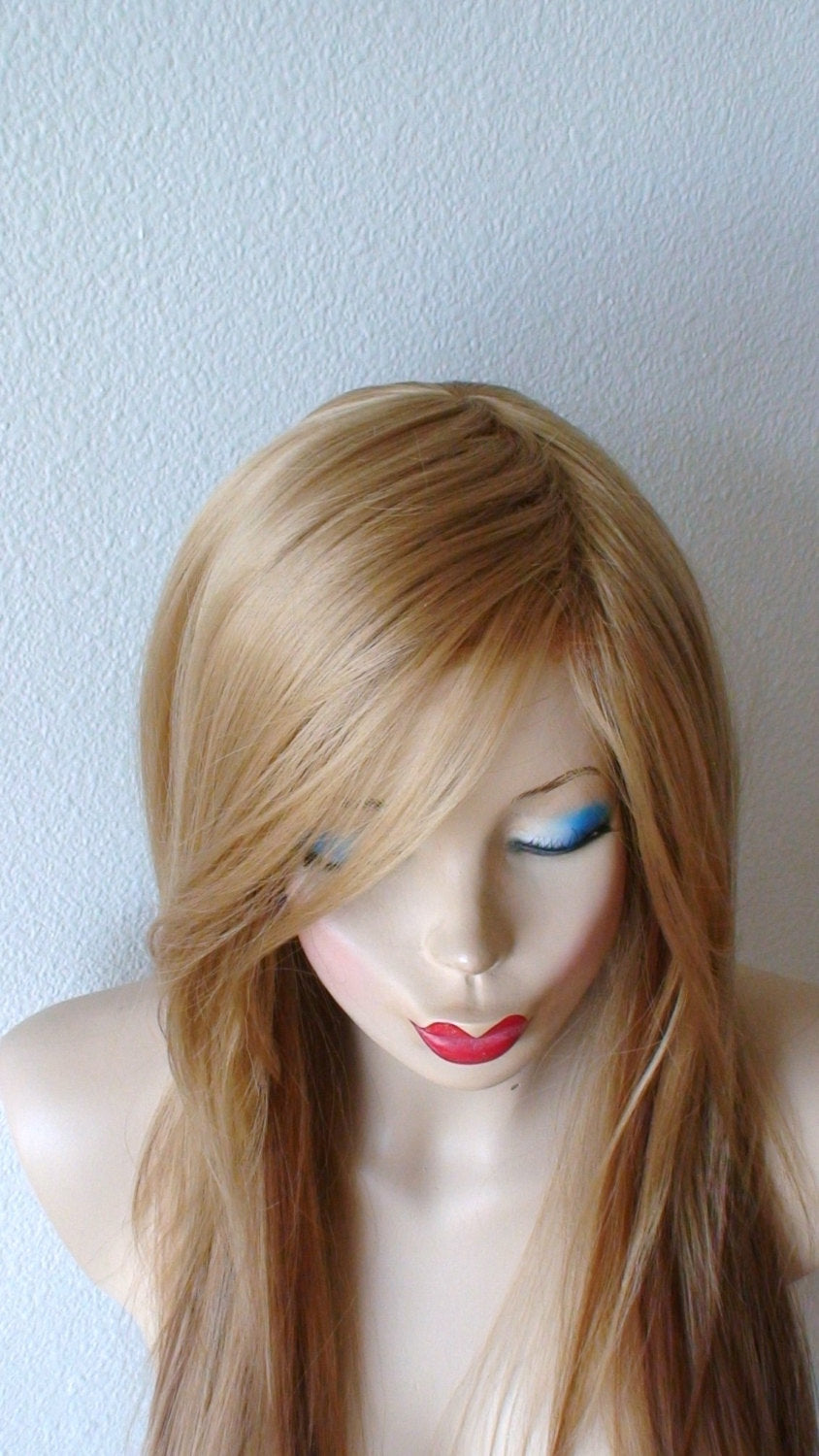 28" Strawberry Blonde Long Straight Hair Long Side Bangs Wig