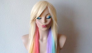 Blonde Pastel rainbow color combre wig. Pastel color Long straight colored hair wig. Lolita blonde color hair wig.