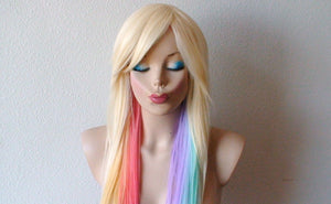 Blonde Pastel rainbow color combre wig. Pastel color Long straight colored hair wig. Lolita blonde color hair wig.