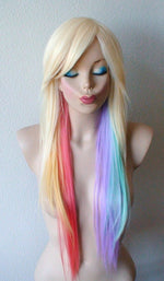 Load image into Gallery viewer, Blonde Pastel rainbow color combre wig. Pastel color Long straight colored hair wig. Lolita blonde color hair wig.
