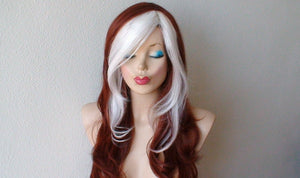 26" Copper Red Hair White Bangs Long Wavy hairstyle Wig. Cosplay Wig