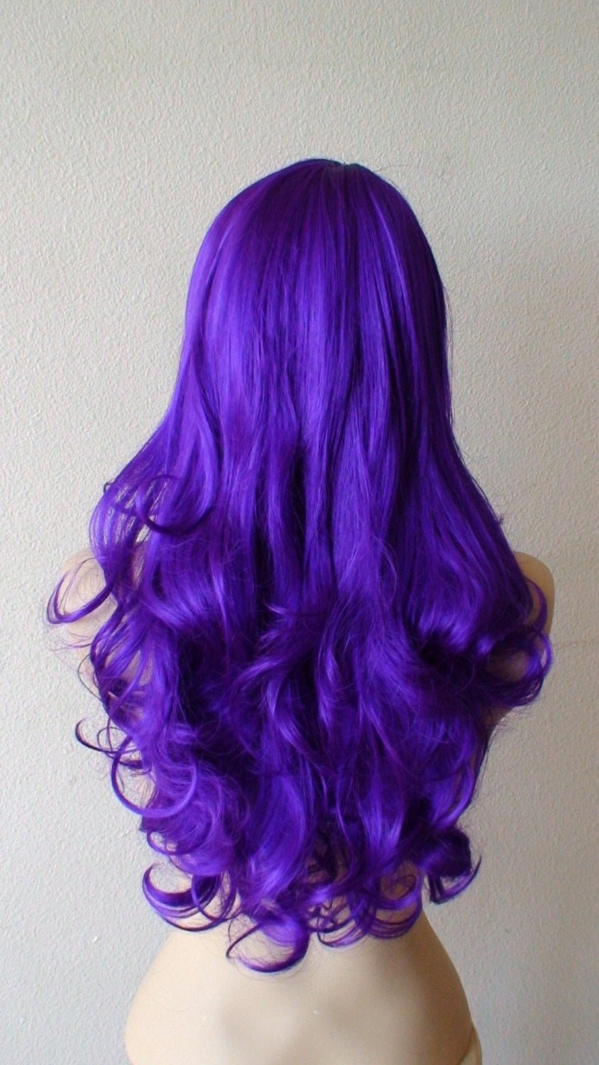 24" Purple Long Curly Hair Side Bangs Wig