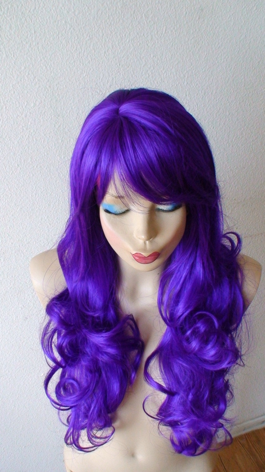 24" Purple Long Curly Hair Side Bangs Wig