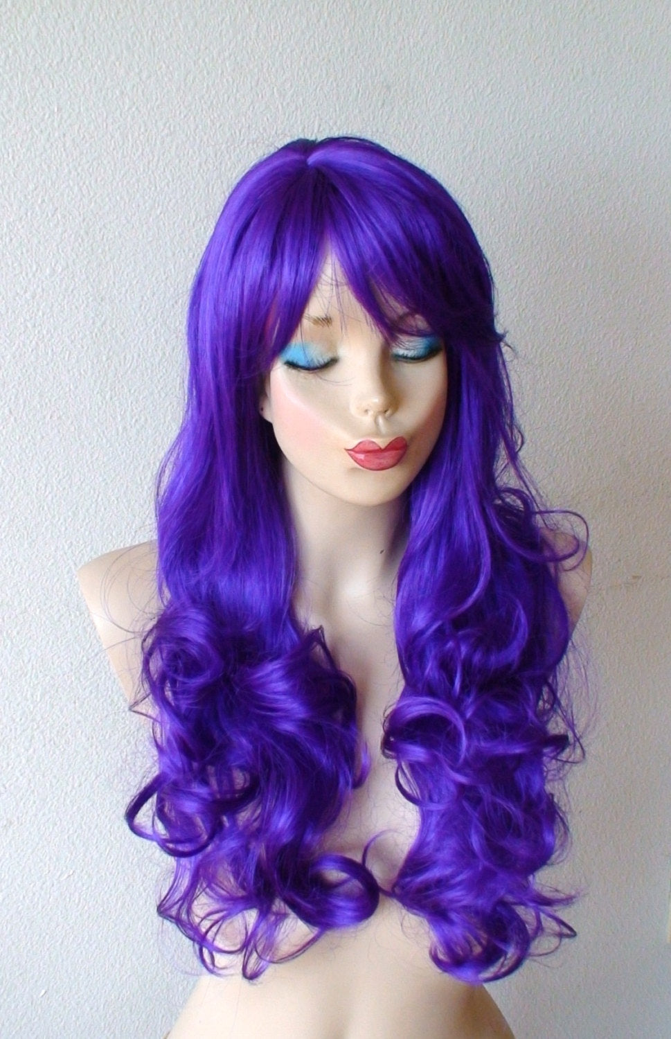 24" Purple Long Curly Hair Side Bangs Wig