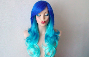 26" Blue Ombre Long Curly Hair Long Side Bangs Wig.