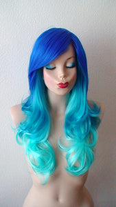 26" Blue Ombre Long Curly Hair Long Side Bangs Wig.