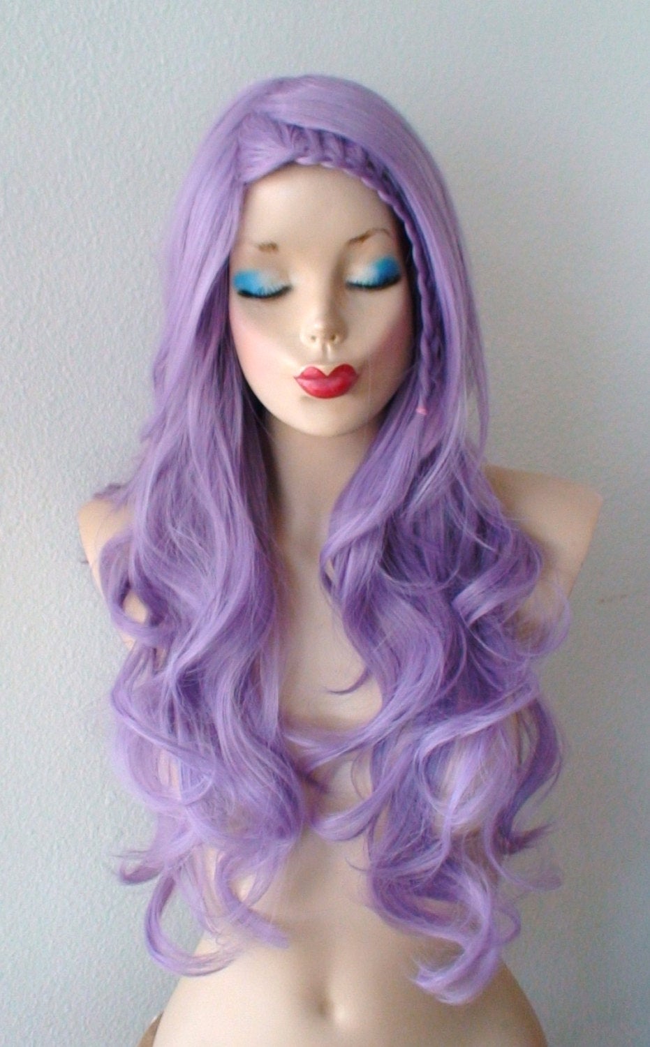 26" Lavender Long Curly Hair Long Side Bangs Wig